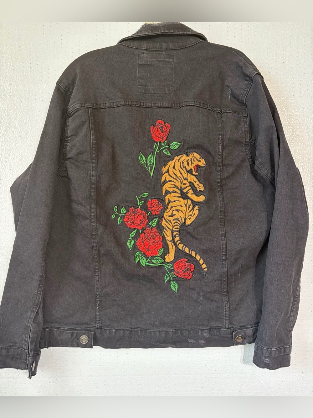 Brave Soul Black Denim Jacket Embroidered Distressed Trucker Jacket L